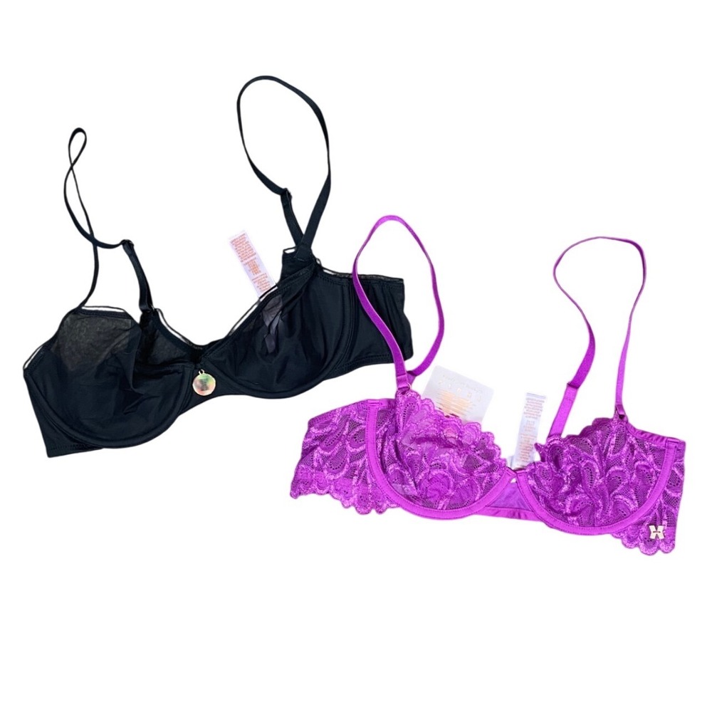 Savage X Fenty 34B Bra Bundle Black Sheer Mesh & Purple Metallic Lace 2pc Set